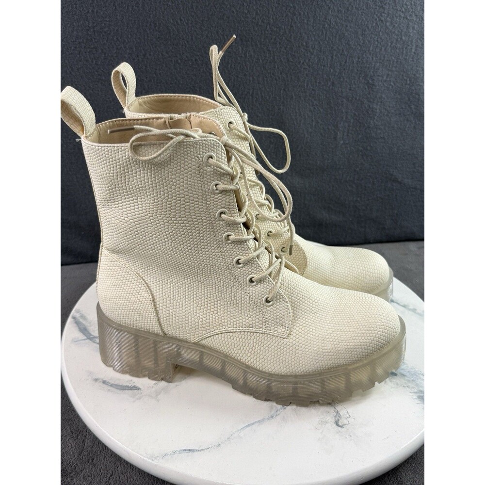 Dirty Laundry Mazzy Beige Snakeskin Platform Combat Ankle Boots Women Size 8.5